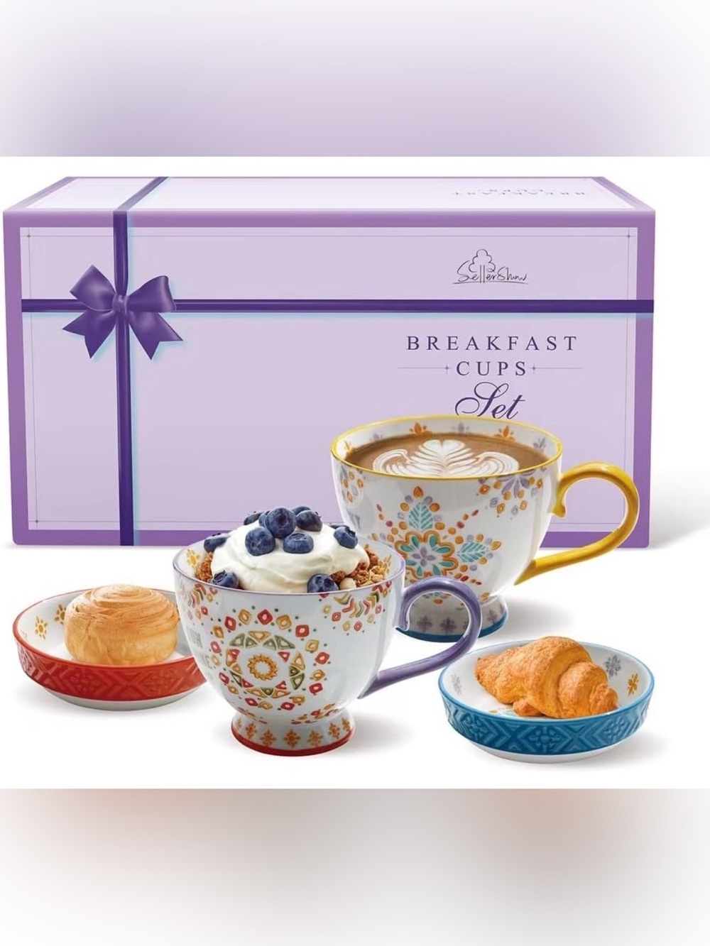 Ceramic Coffee Mug Set of 2 – 15 oz Mugs + Saucers